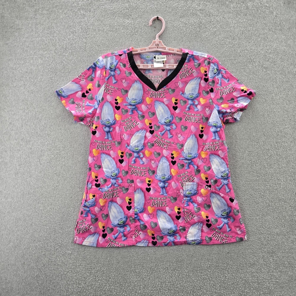 Dreamworks Trolls Scrub Top L Pink Graphic Print Troll Hearts Short Sleeve